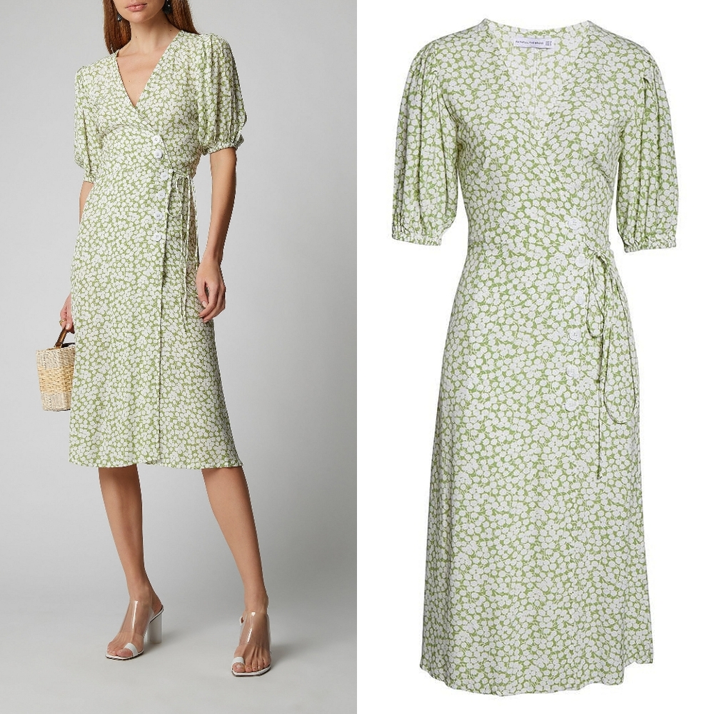 FAITHFULL THE BRAND Marta Avocado Green Floral Midi Dress Size 4